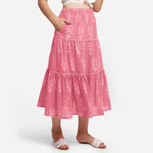Pink Dabu Floral Block Printed Cotton Maxi Skirt