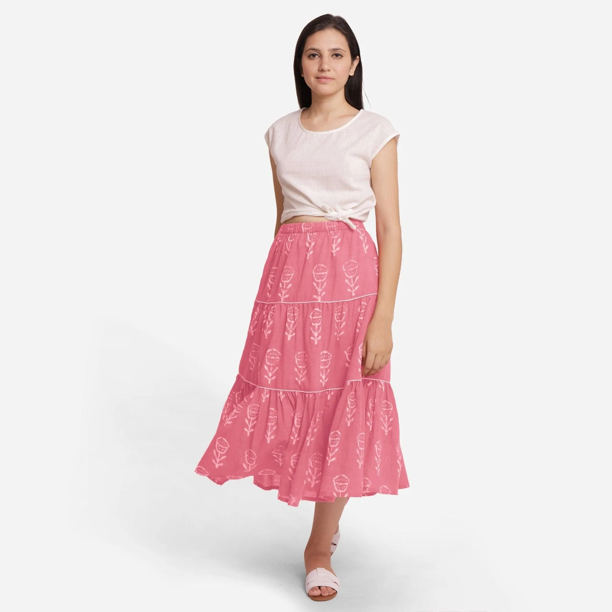 Pink Dabu Floral Block Printed Cotton Maxi Skirt