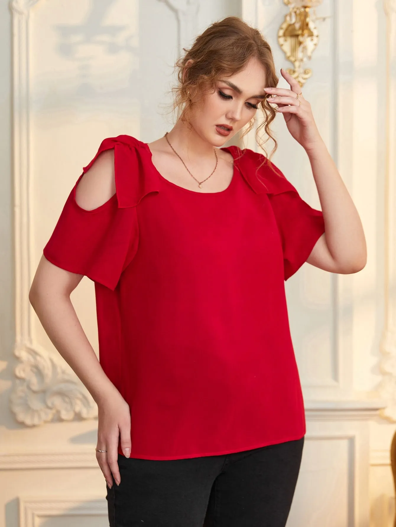 Plain Ruched Short Sleeve Cold Shoulder Regular Plus Size Blouse
