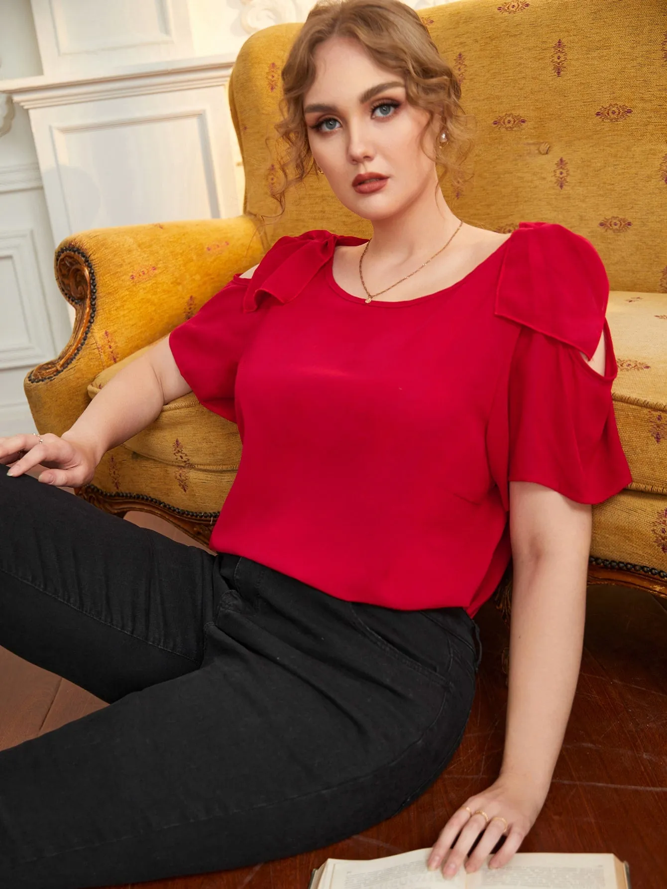 Plain Ruched Short Sleeve Cold Shoulder Regular Plus Size Blouse