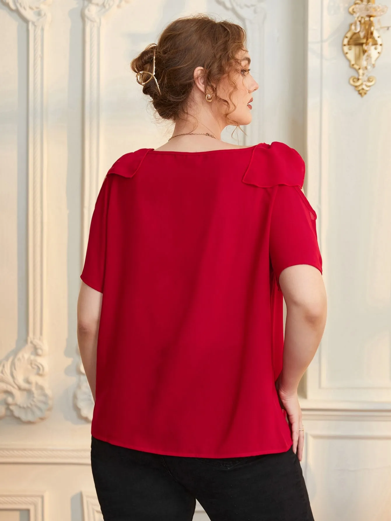 Plain Ruched Short Sleeve Cold Shoulder Regular Plus Size Blouse