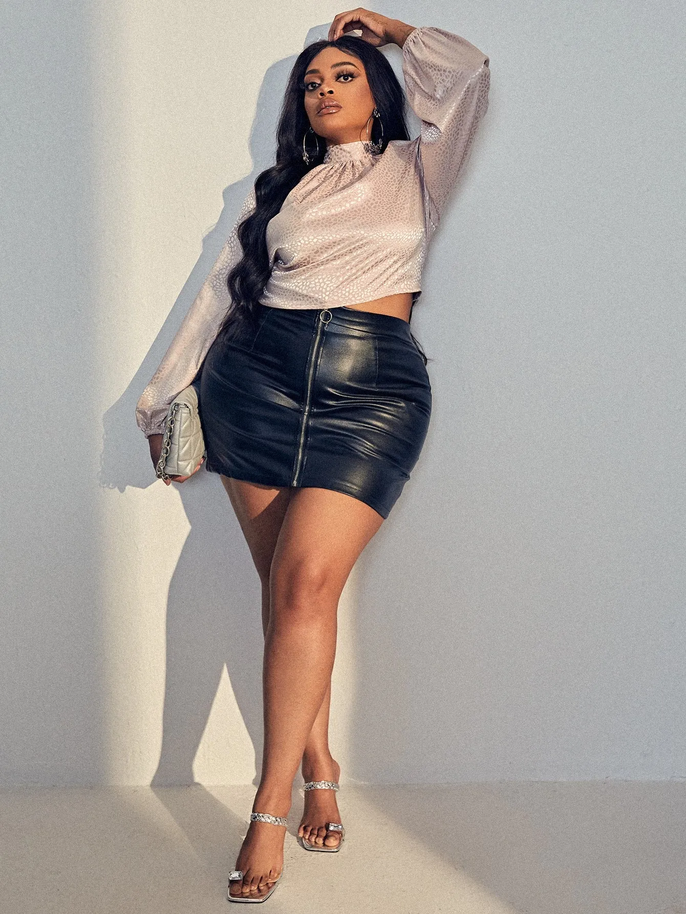 Plain Tie Back Long Sleeve Stand Collar Crop Plus Size Blouse