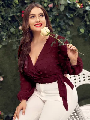 Plain Tie Front Long Sleeve Deep V Neck Crop Plus Size Blouse