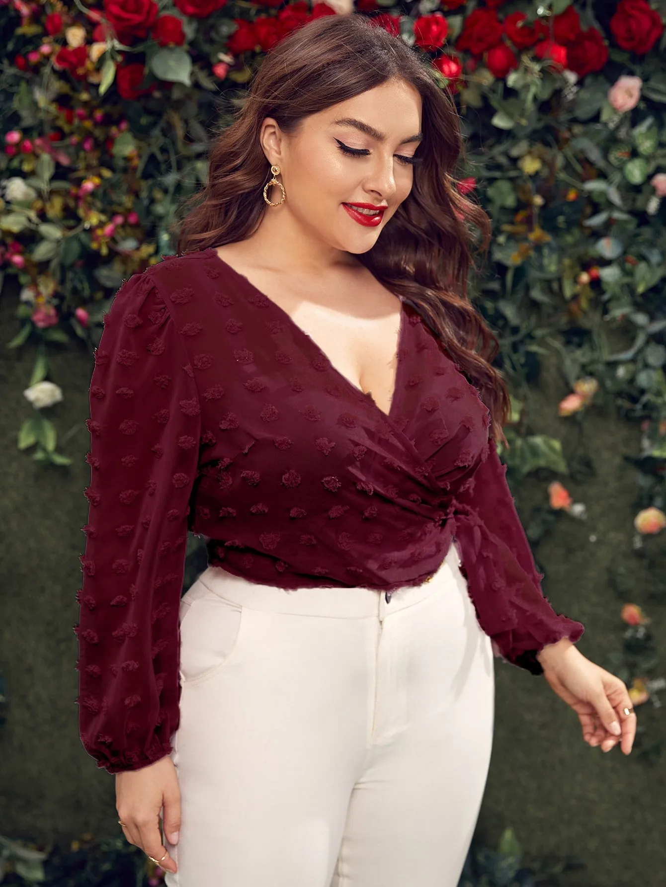 Plain Tie Front Long Sleeve Deep V Neck Crop Plus Size Blouse