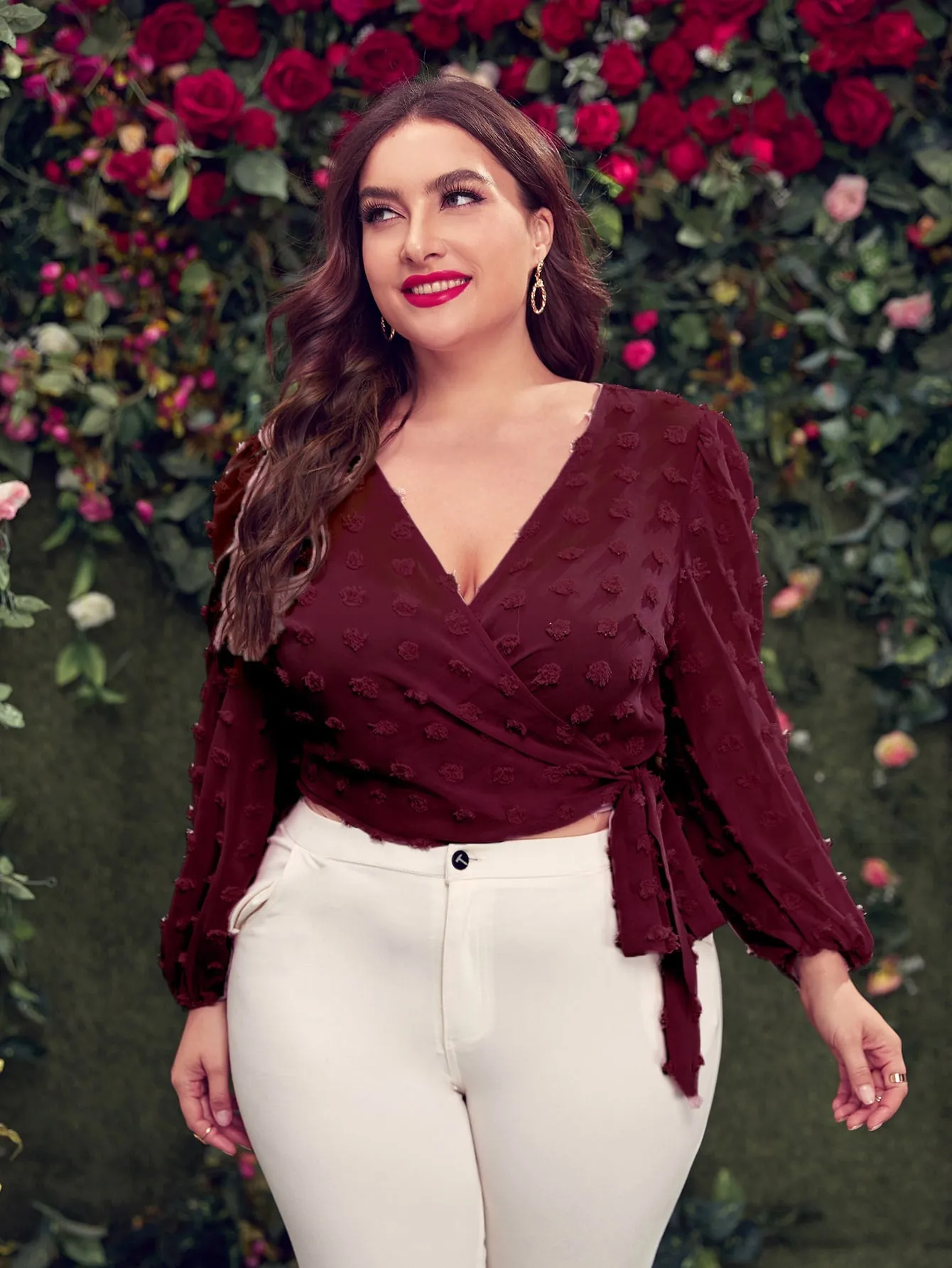 Plain Tie Front Long Sleeve Deep V Neck Crop Plus Size Blouse