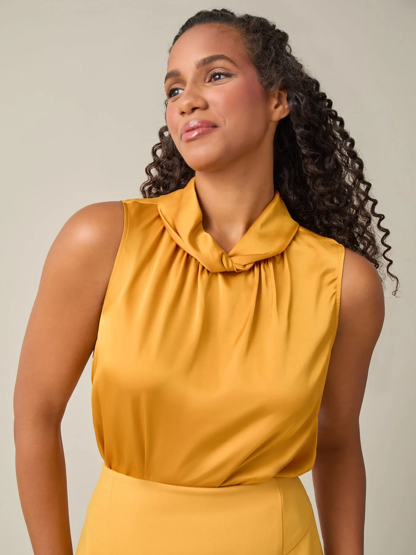 Plus Sleeveless Twist Neck Blouse, Gold Signature