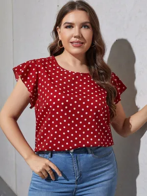 Polka Dot Ruffle Cap Sleeve Round Neck Regular Plus Size Blouse