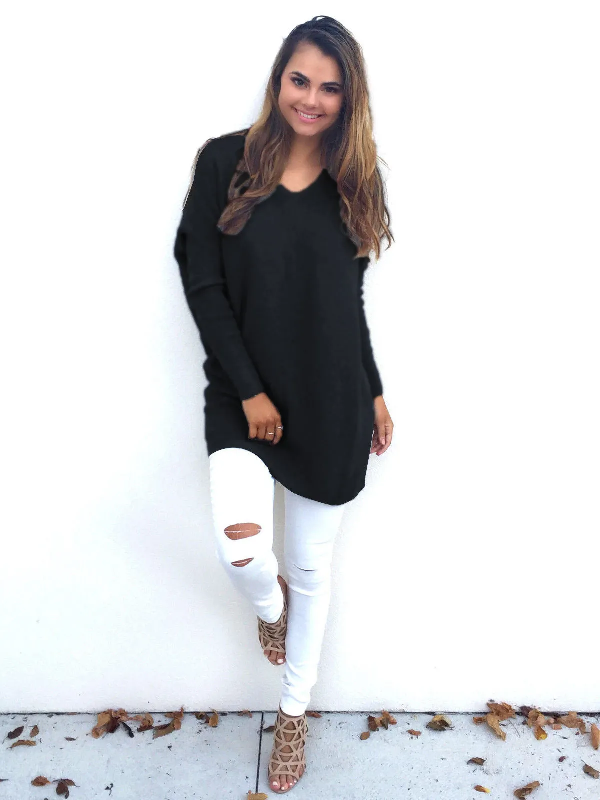 Popular Europe Trendy V-Neck Long Sleeved Women Sweater