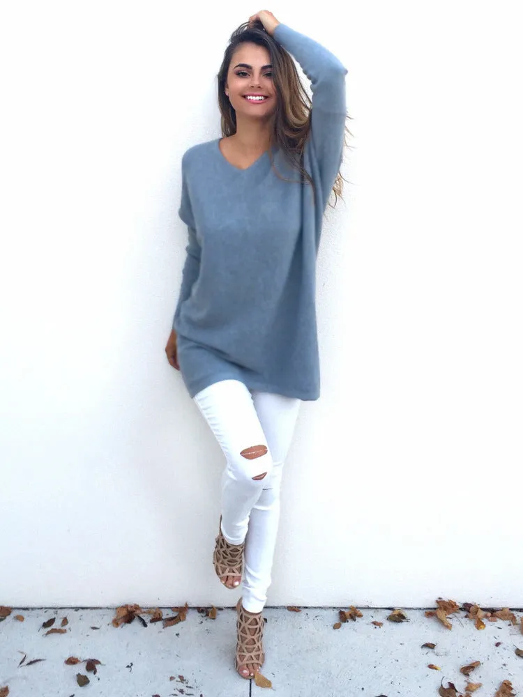Popular Europe Trendy V-Neck Long Sleeved Women Sweater