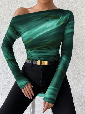 Privé Marble Gradient Print Asymmetric Asymmetrical Neck Long Sleeve T-Shirt With Pleats
