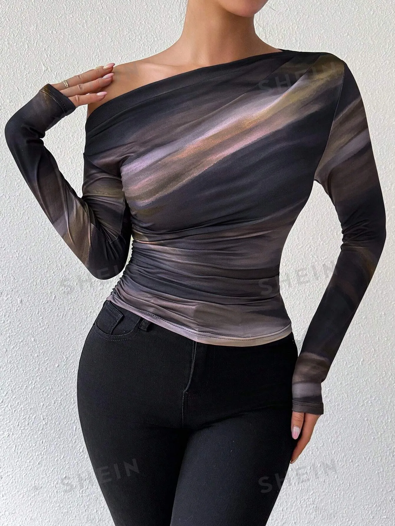 Privé Marble Gradient Print Asymmetric Asymmetrical Neck Long Sleeve T-Shirt With Pleats