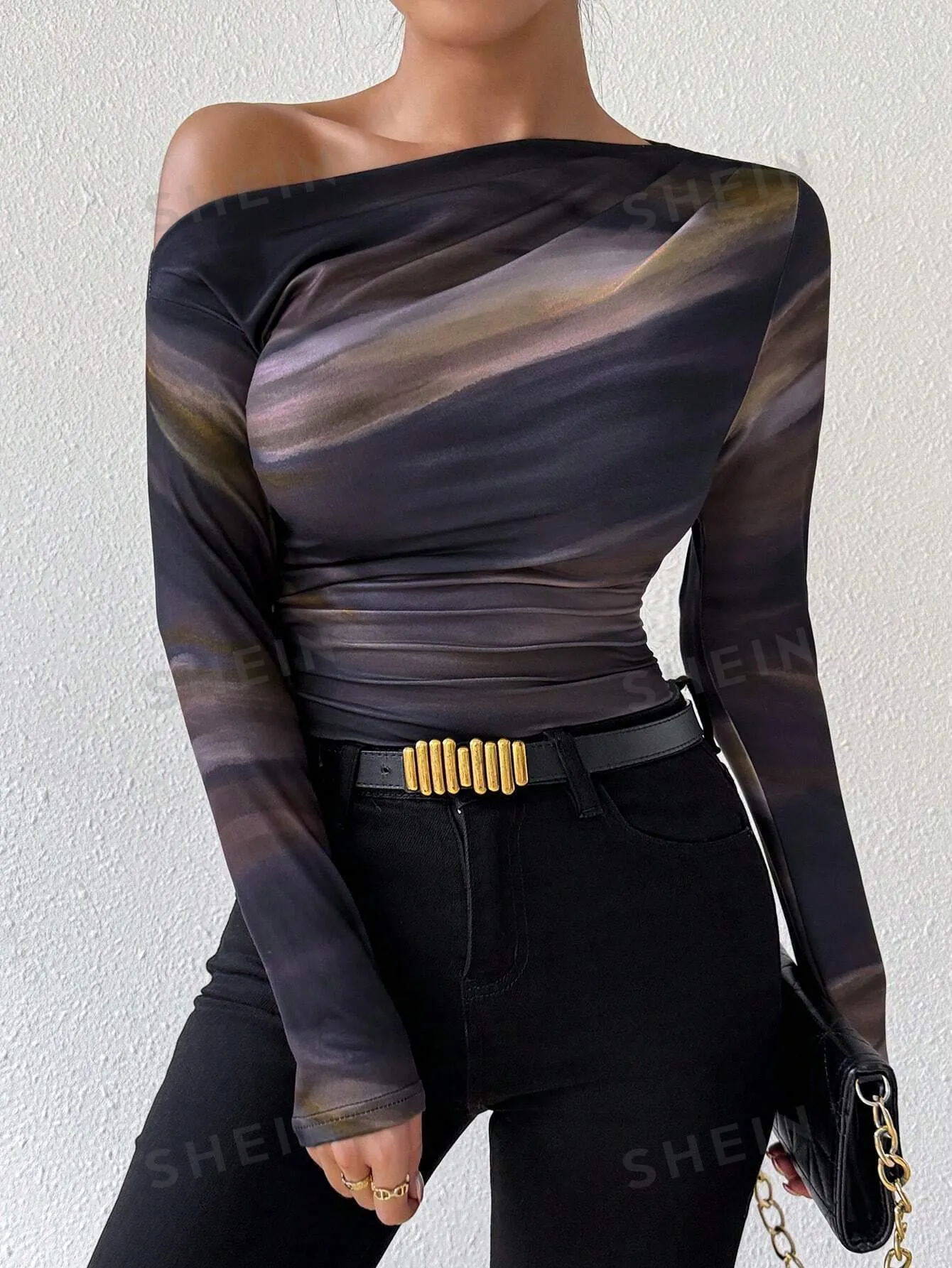 Privé Marble Gradient Print Asymmetric Asymmetrical Neck Long Sleeve T-Shirt With Pleats