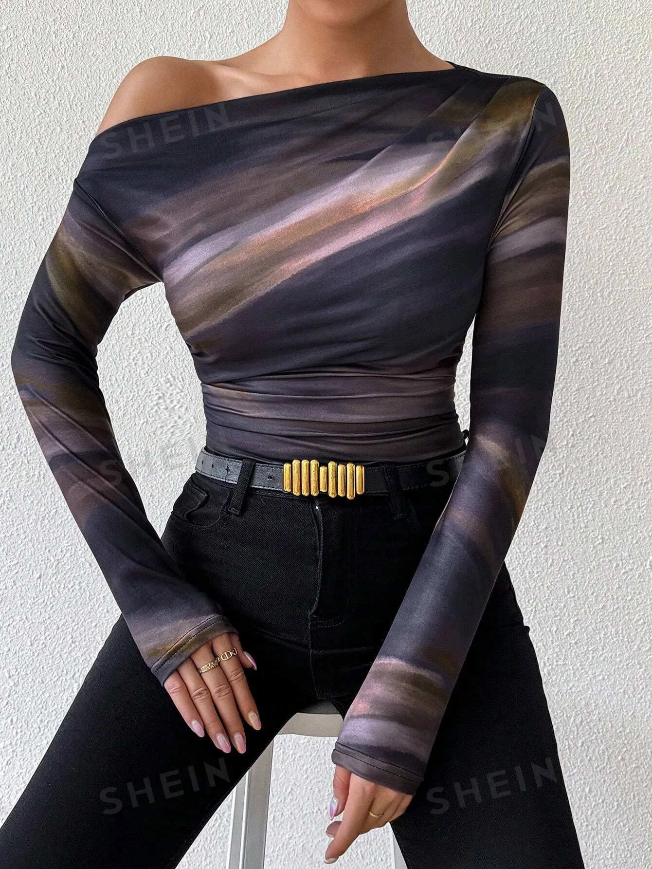 Privé Marble Gradient Print Asymmetric Asymmetrical Neck Long Sleeve T-Shirt With Pleats
