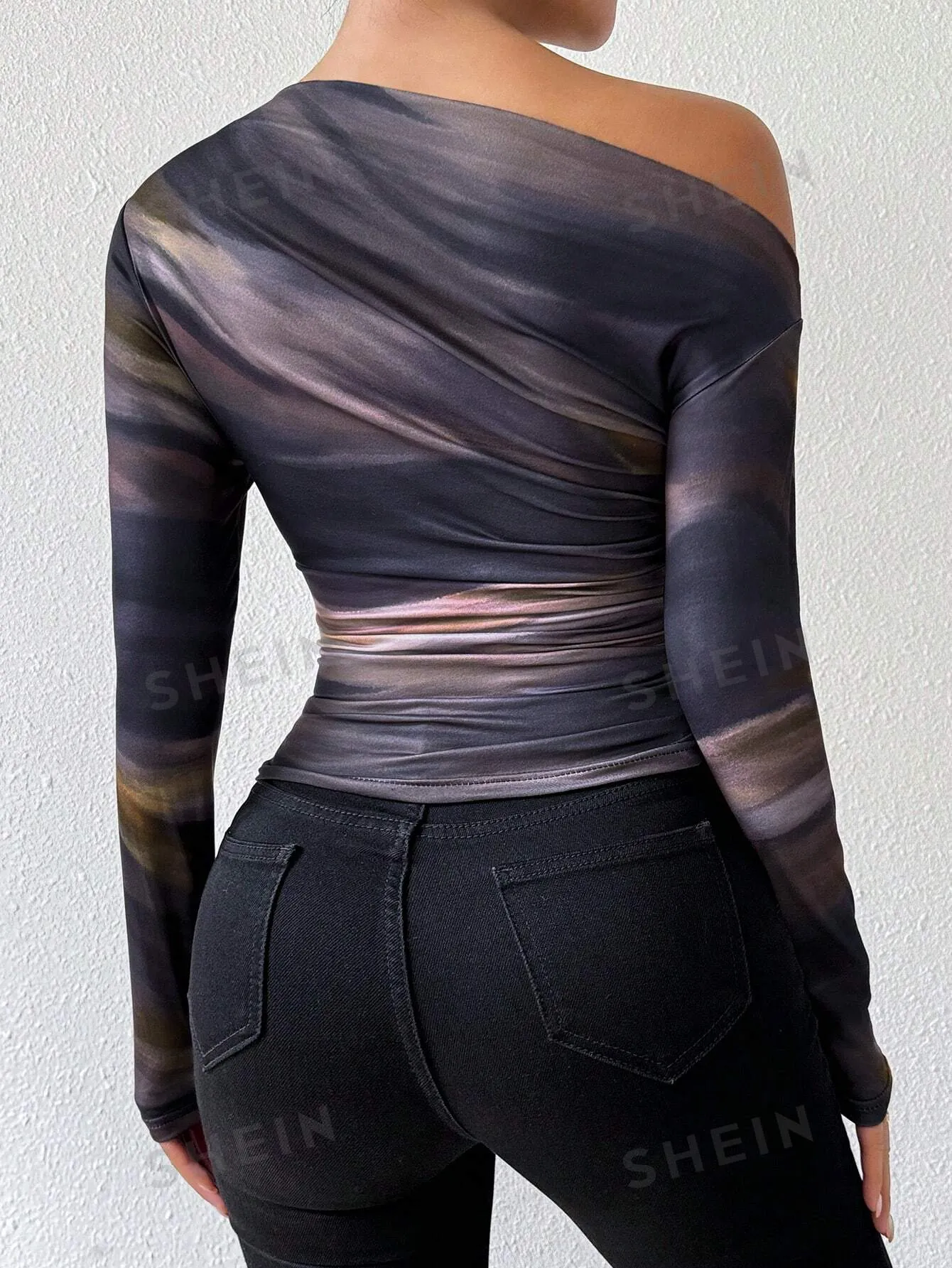 Privé Marble Gradient Print Asymmetric Asymmetrical Neck Long Sleeve T-Shirt With Pleats
