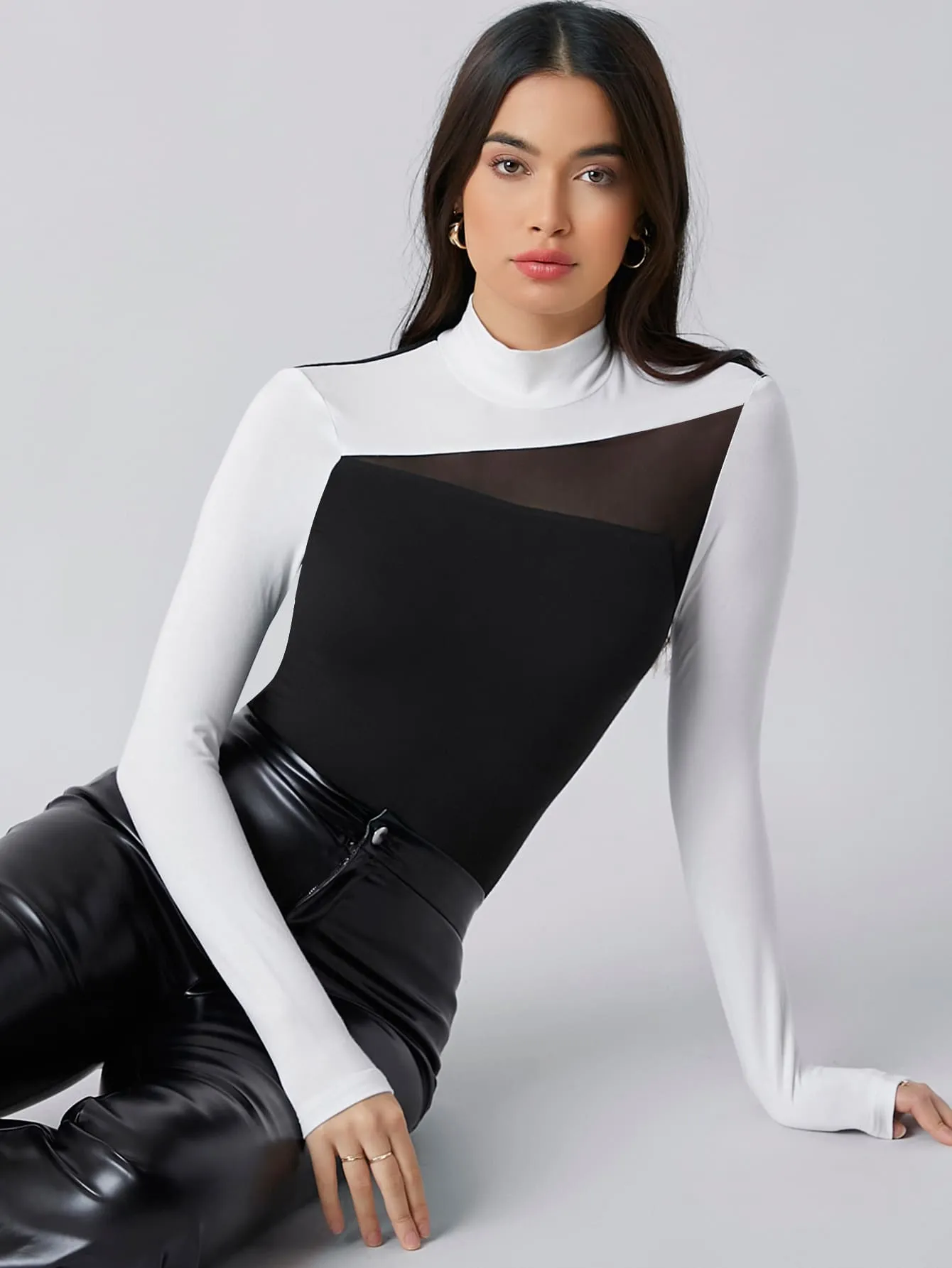 Privé Mock Neck Contrast Mesh Colorblock Tee