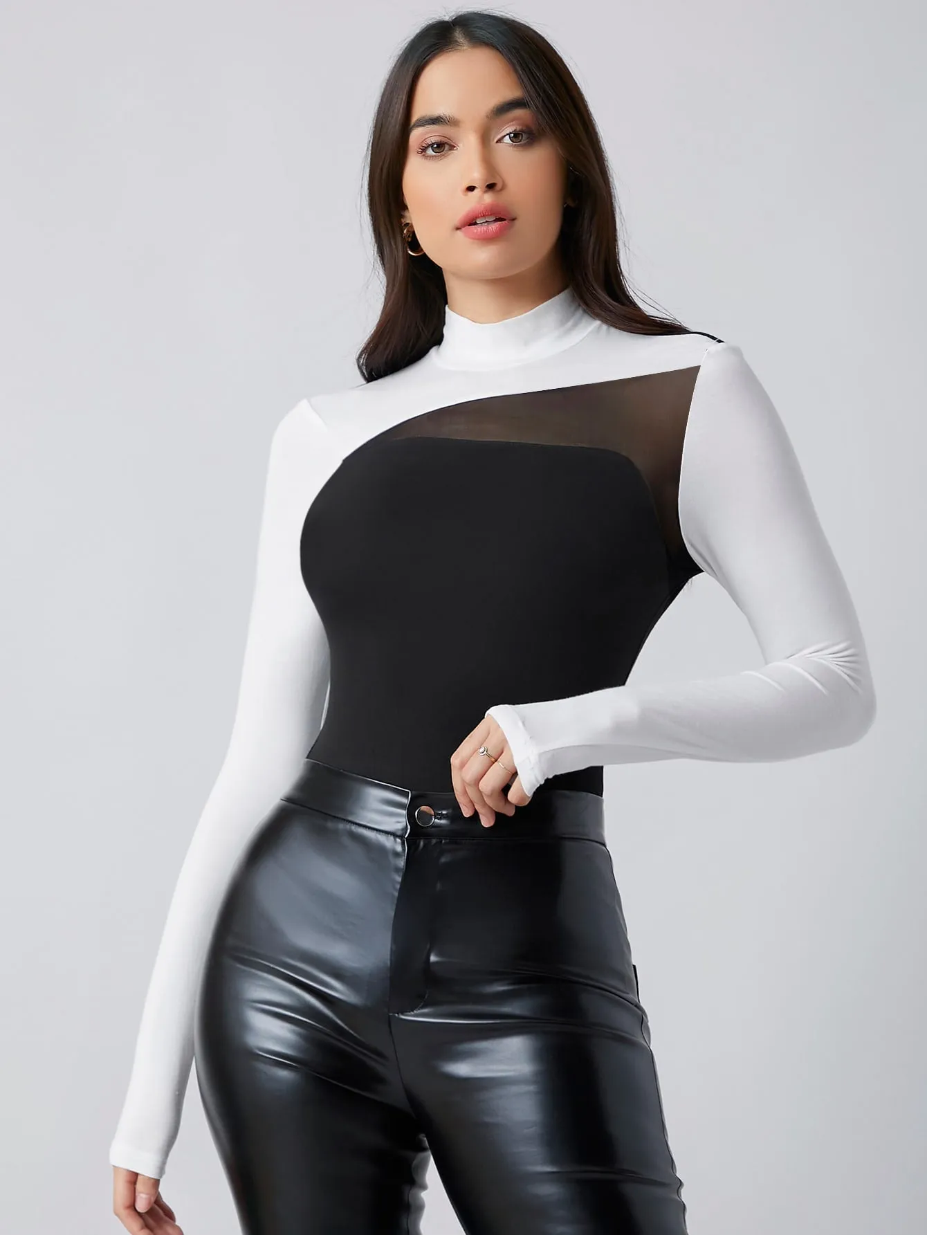 Privé Mock Neck Contrast Mesh Colorblock Tee
