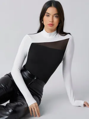 Privé Mock Neck Contrast Mesh Colorblock Tee