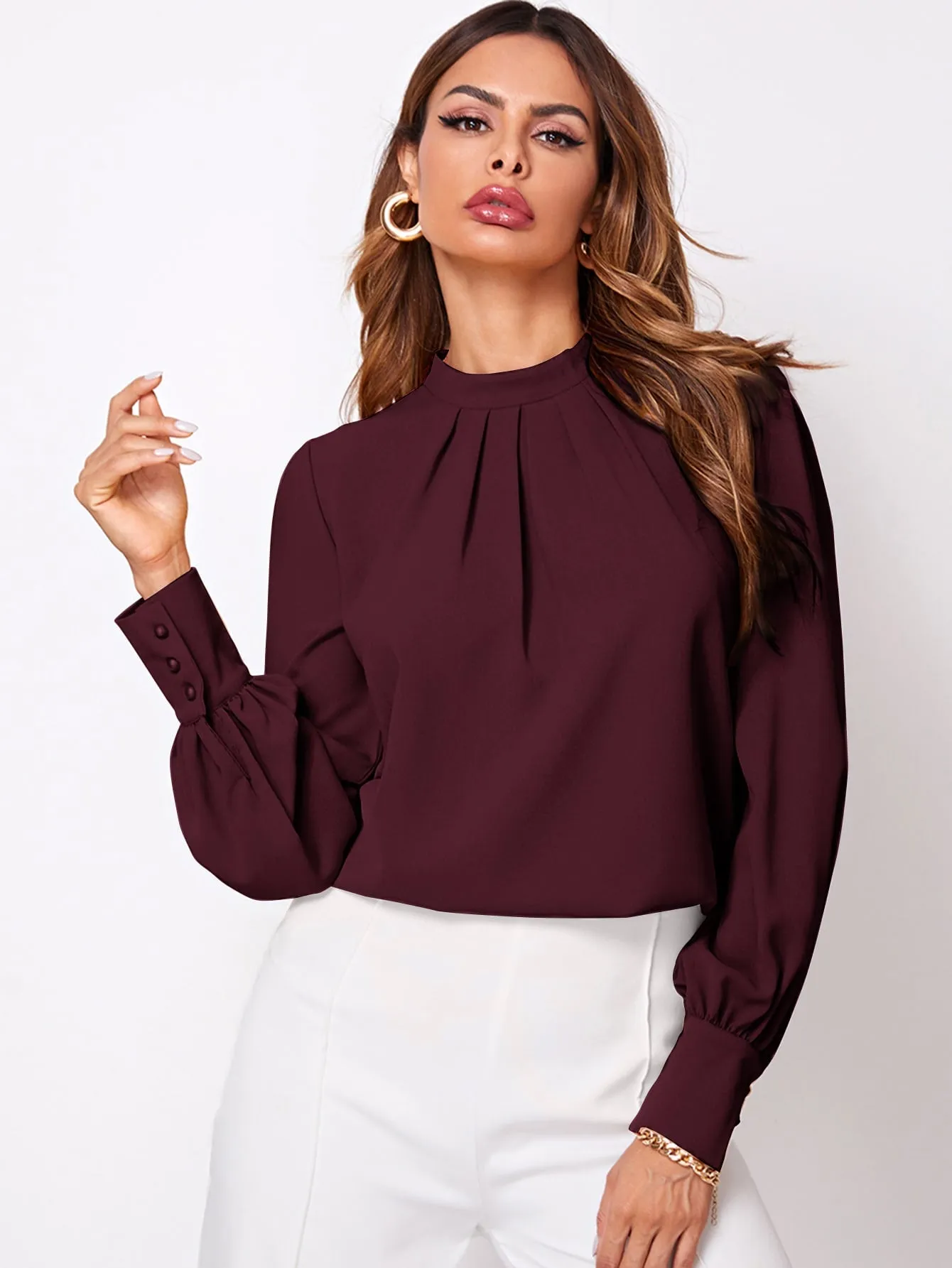 Privé Solid Ruched Keyhole Back Blouse