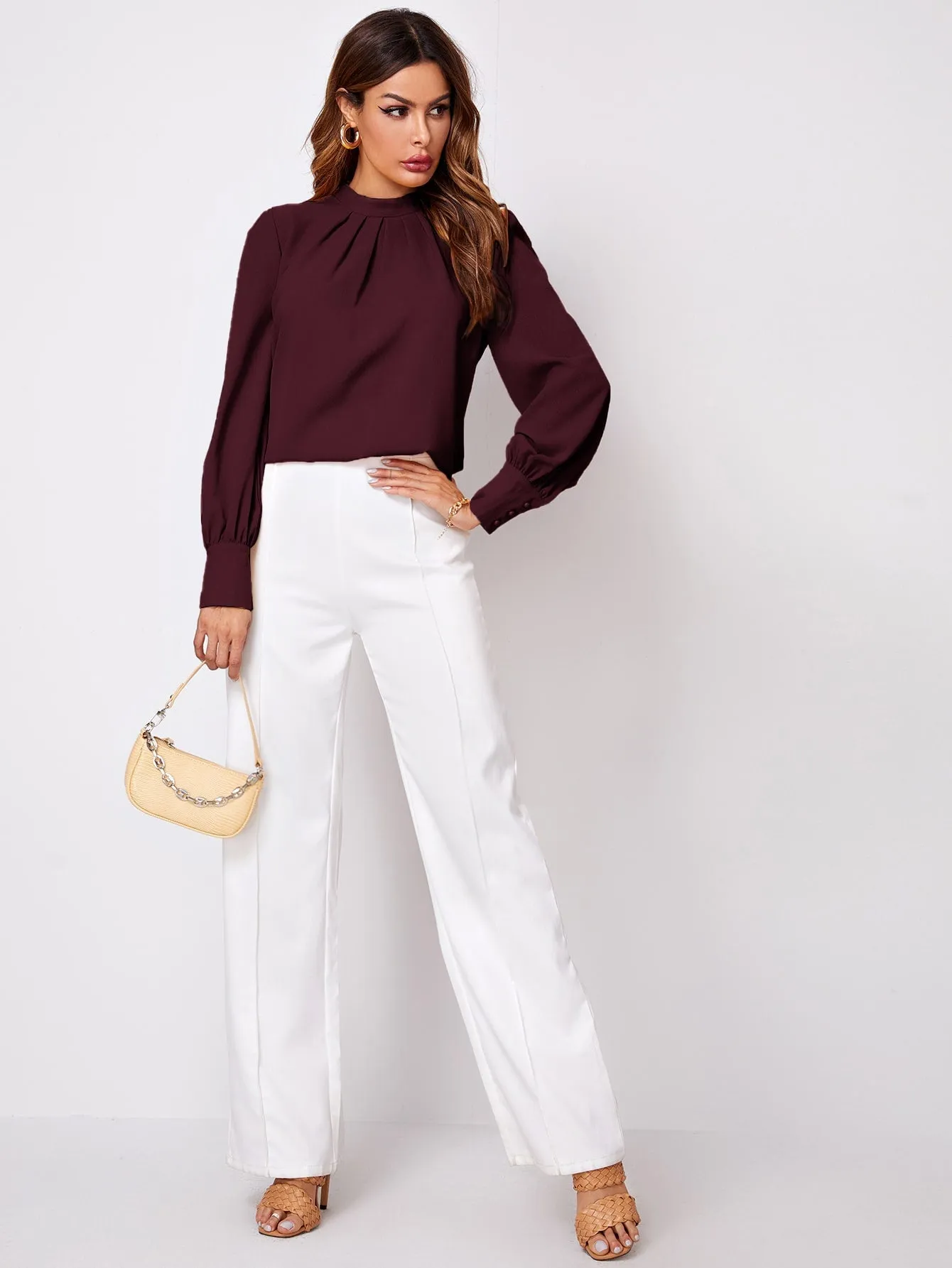 Privé Solid Ruched Keyhole Back Blouse