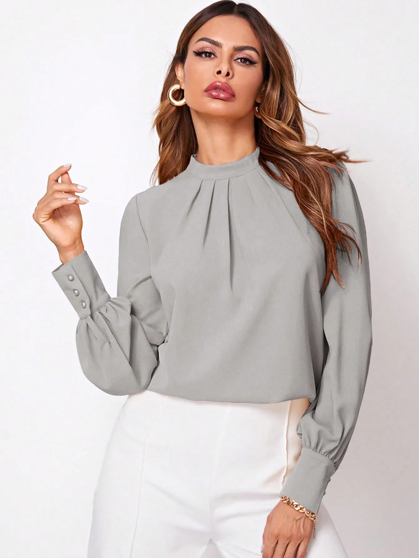 Privé Solid Ruched Keyhole Back Blouse