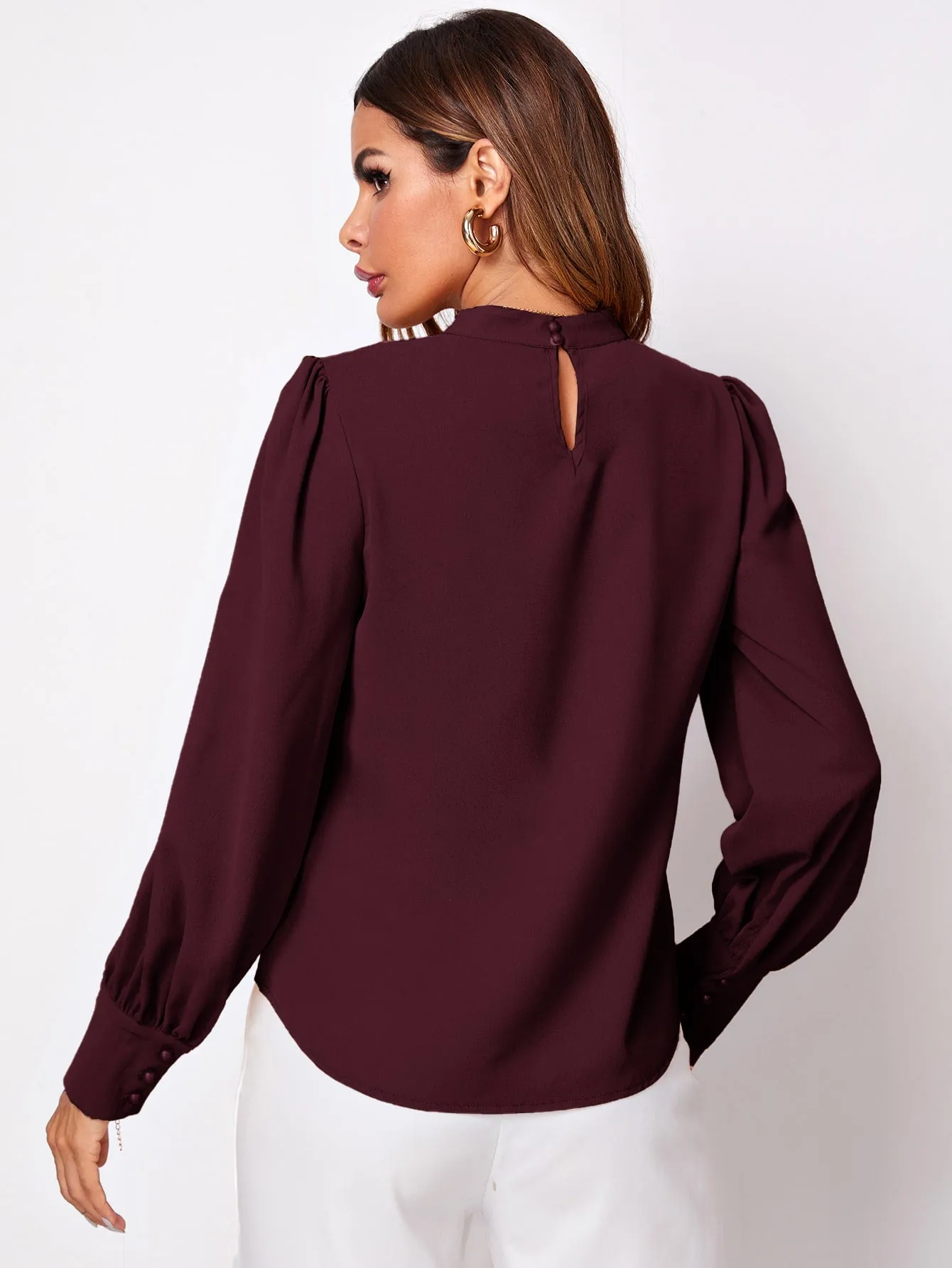 Privé Solid Ruched Keyhole Back Blouse
