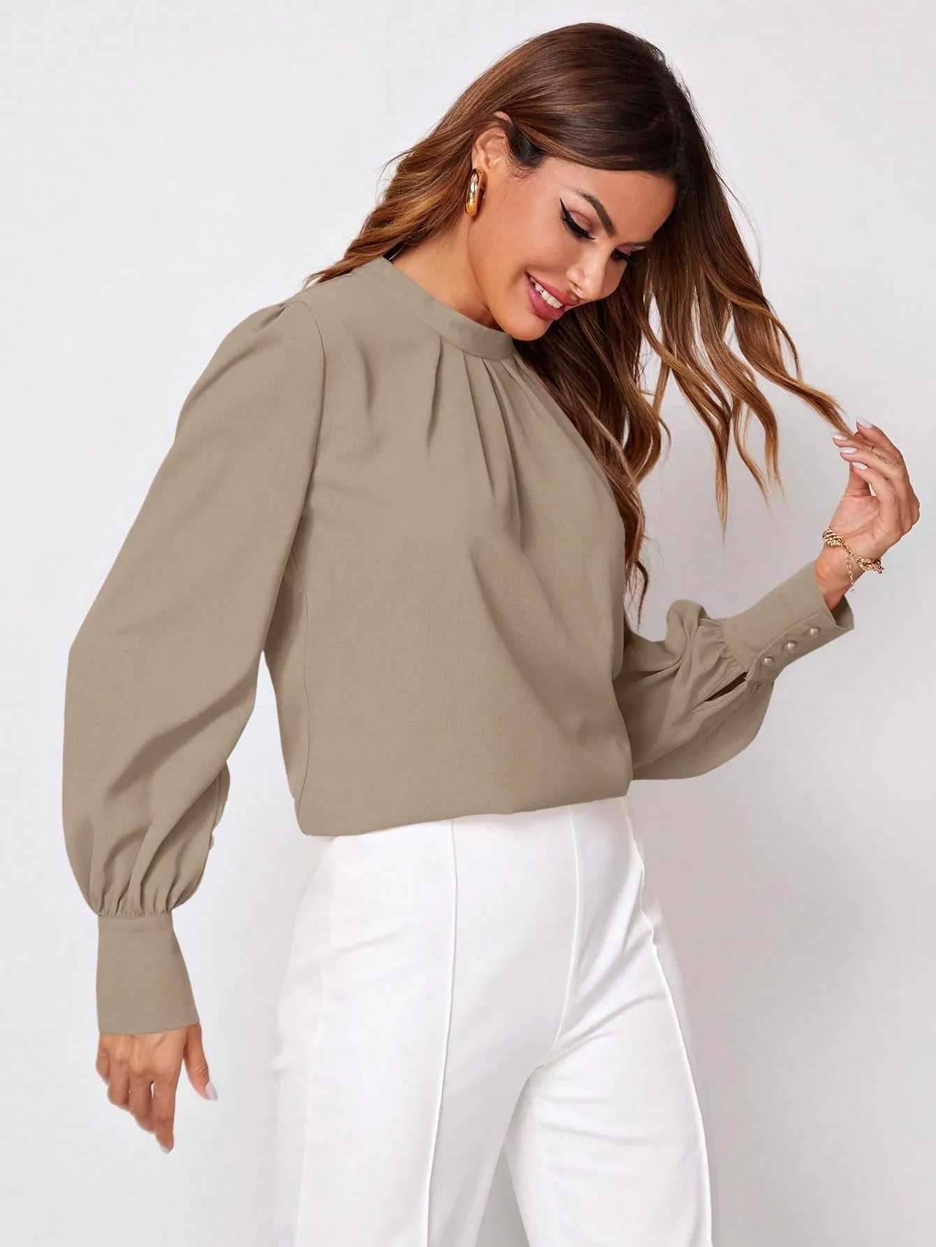 Privé Solid Ruched Keyhole Back Blouse