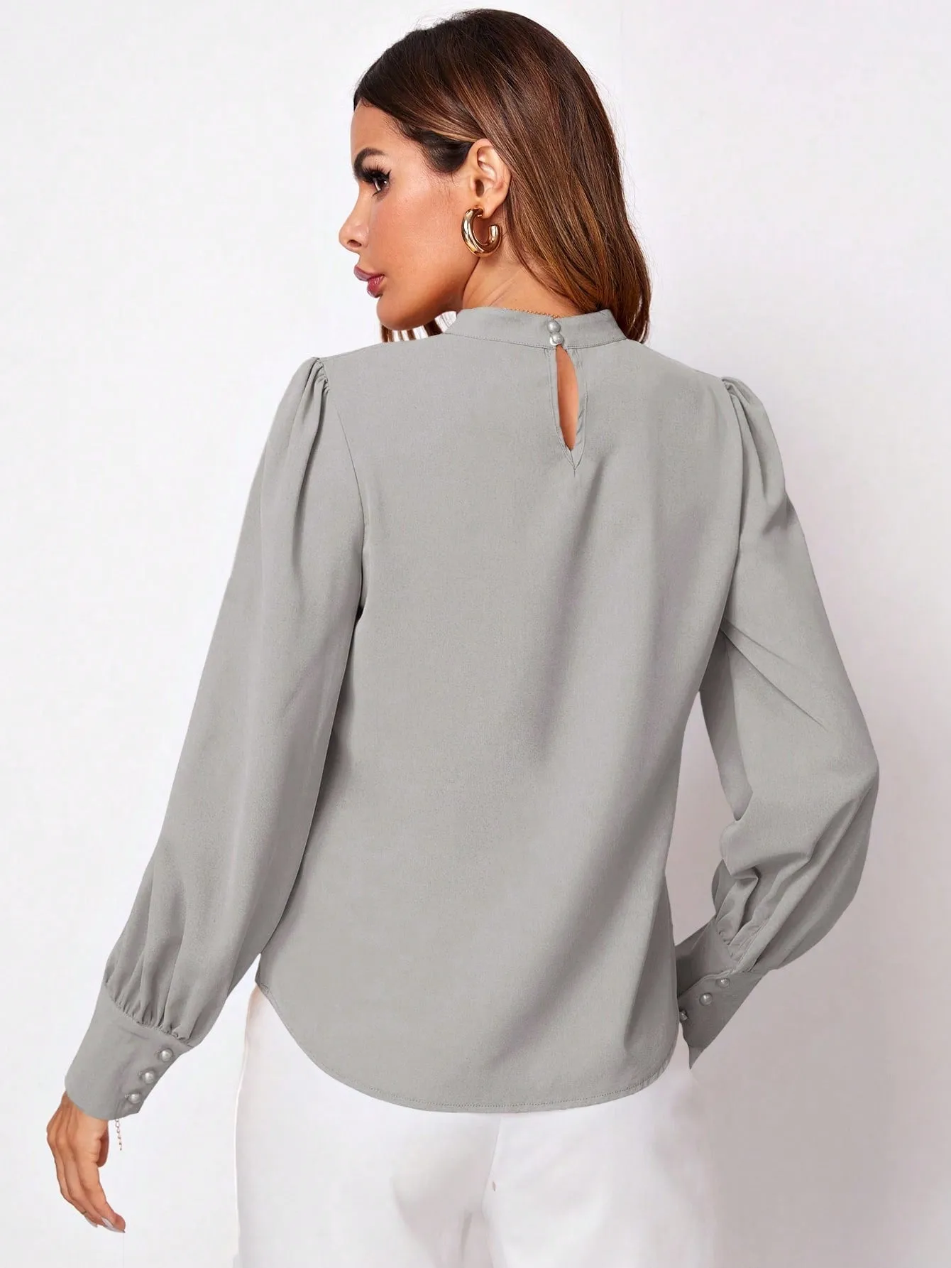Privé Solid Ruched Keyhole Back Blouse