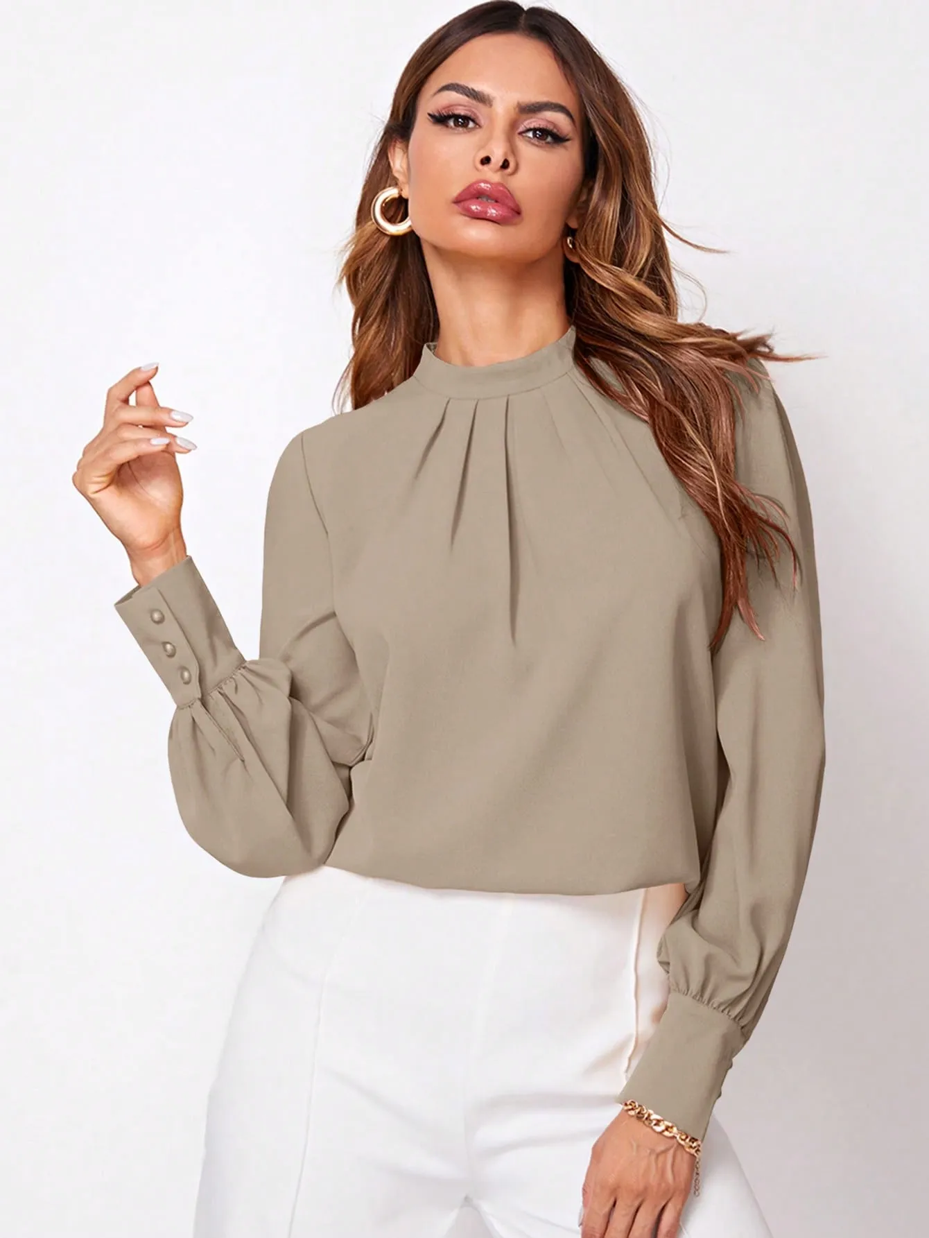 Privé Solid Ruched Keyhole Back Blouse