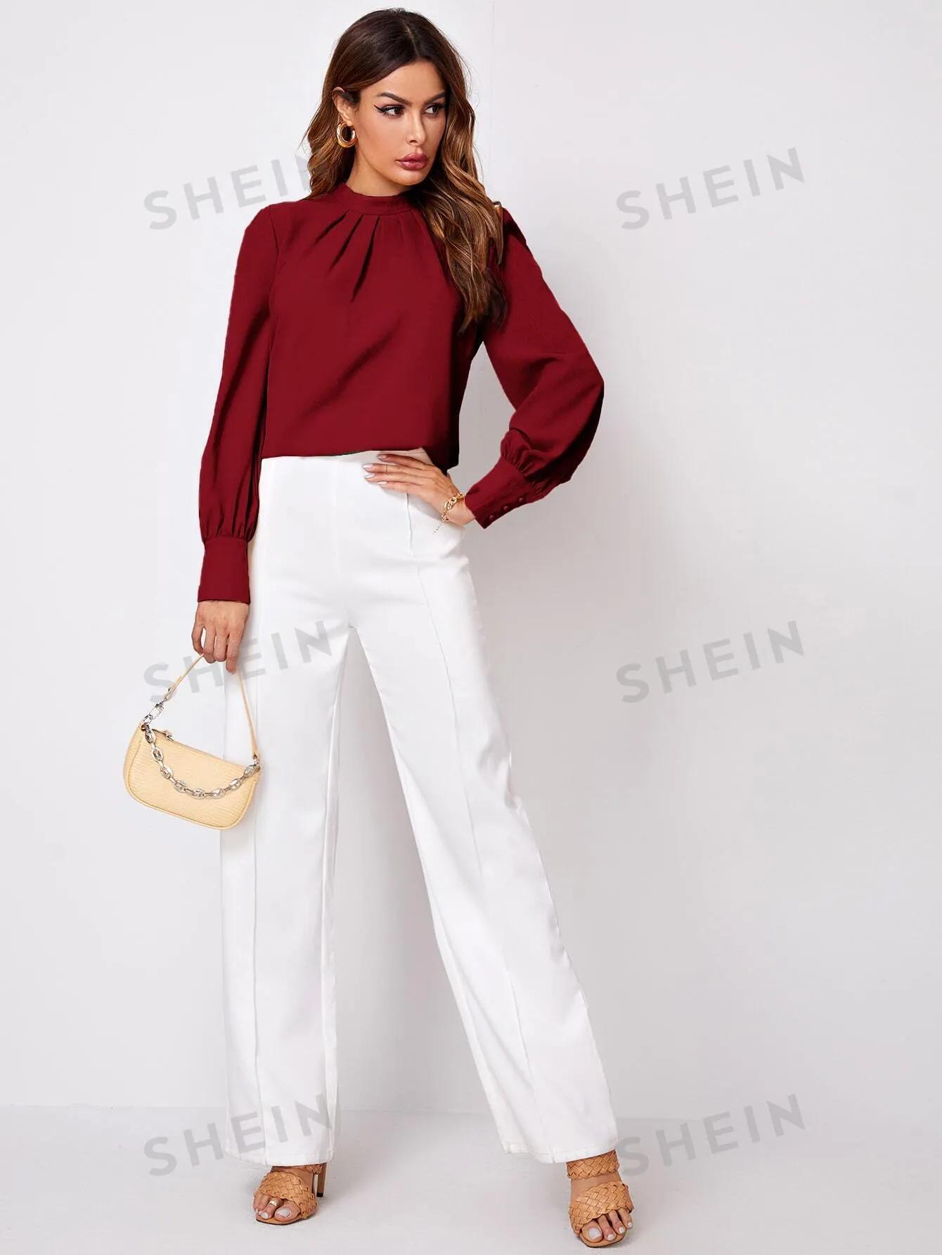 Privé Solid Ruched Keyhole Back Blouse