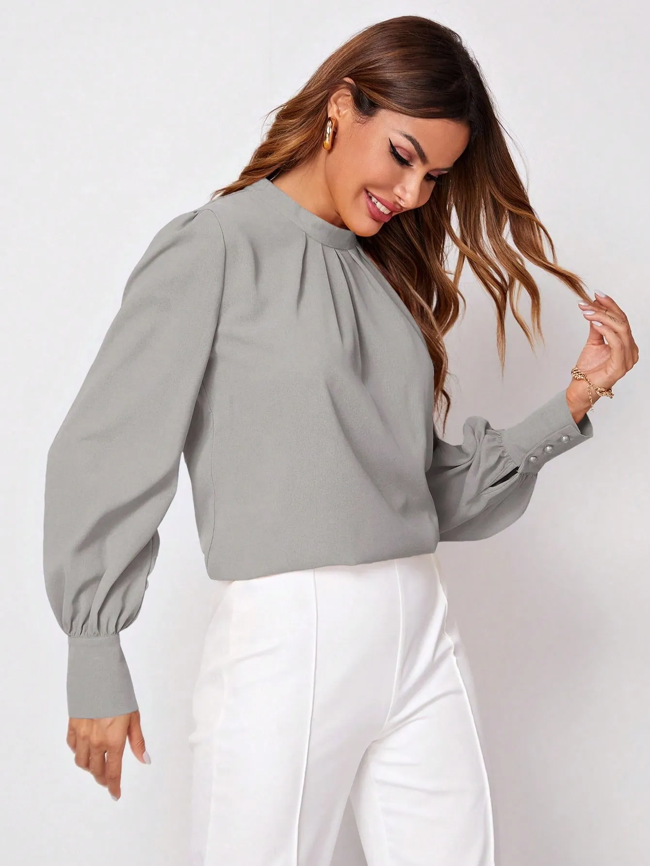 Privé Solid Ruched Keyhole Back Blouse