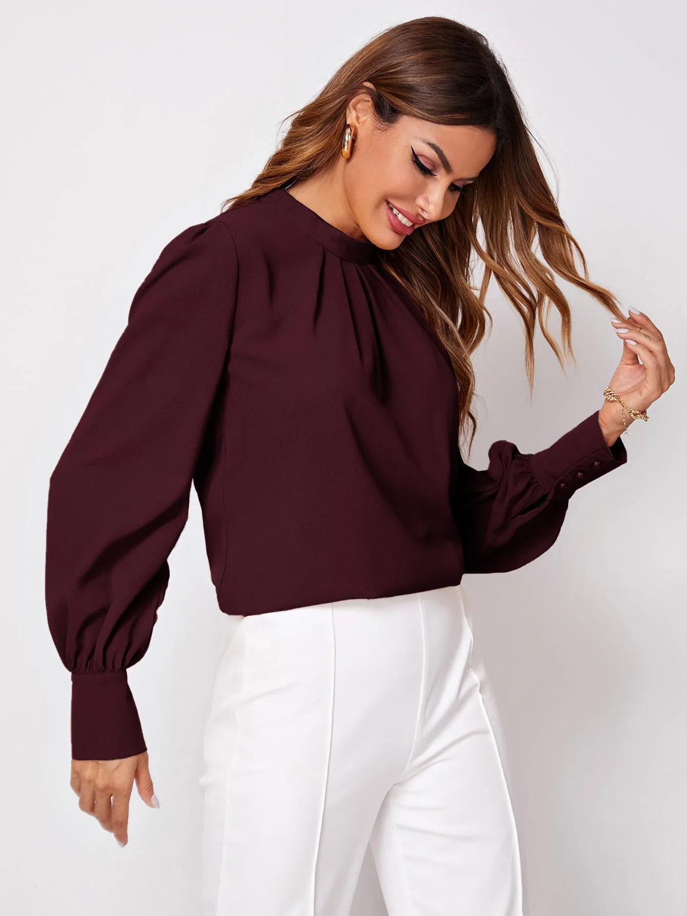 Privé Solid Ruched Keyhole Back Blouse