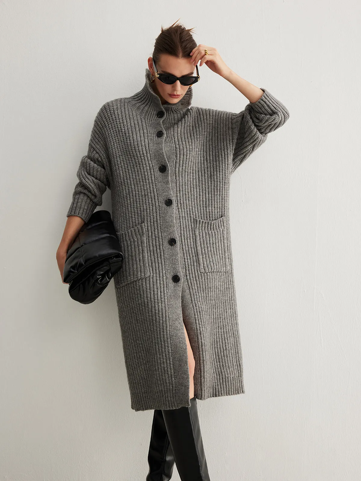 Ribbed Button Knit Long Outerwear