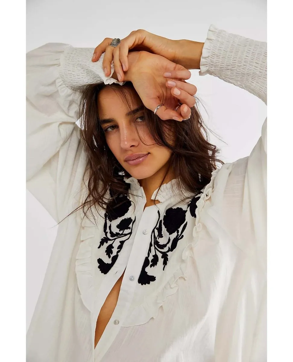 Rose Vines Embroidered Top Ivory