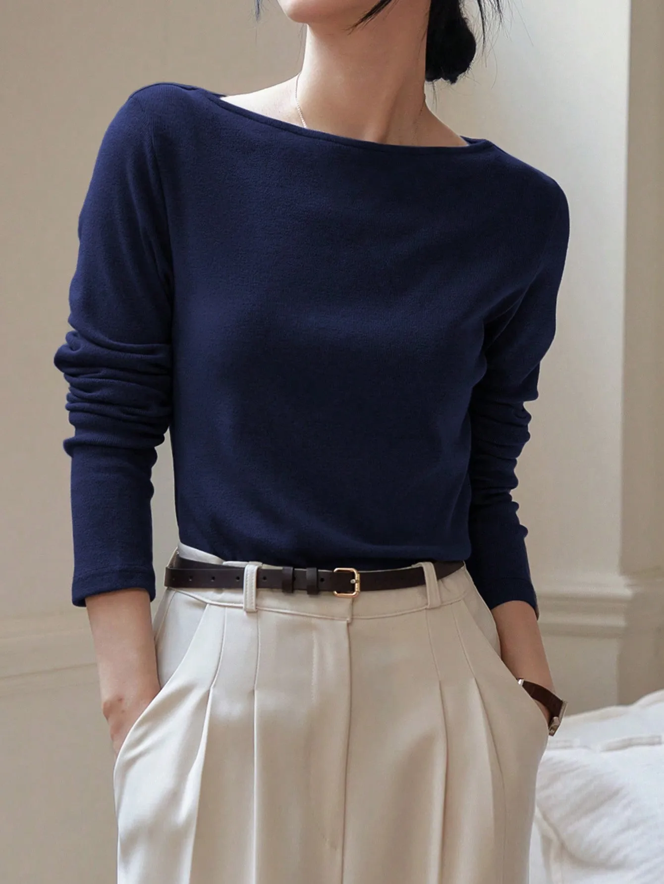 Shein Dazy-Less Solid Color Boat Neck Long Sleeve T-Shirt