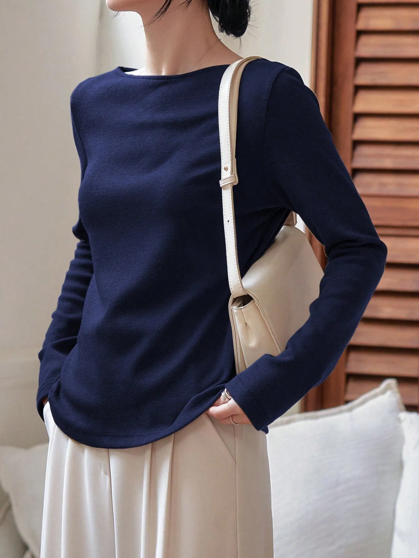 Shein Dazy-Less Solid Color Boat Neck Long Sleeve T-Shirt