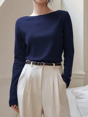 Shein Dazy-Less Solid Color Boat Neck Long Sleeve T-Shirt