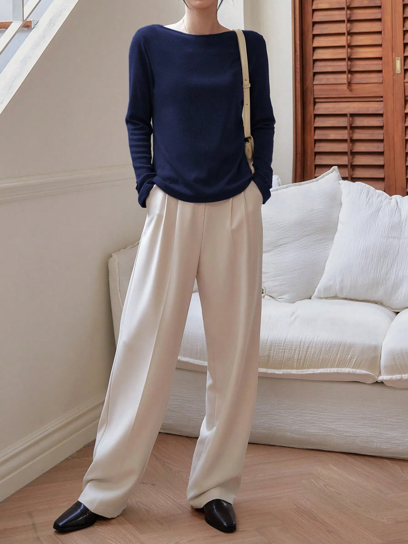 Shein Dazy-Less Solid Color Boat Neck Long Sleeve T-Shirt