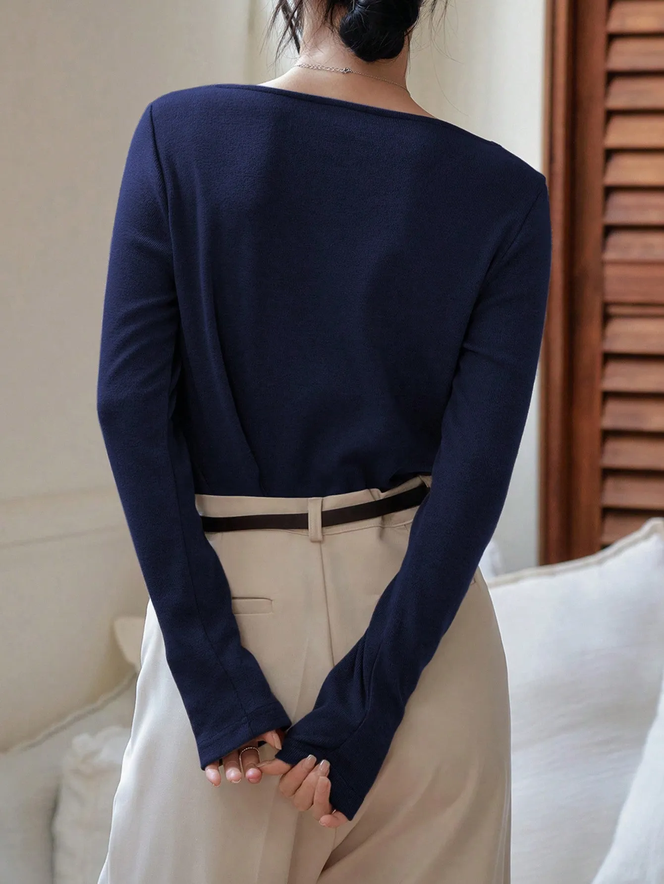 Shein Dazy-Less Solid Color Boat Neck Long Sleeve T-Shirt