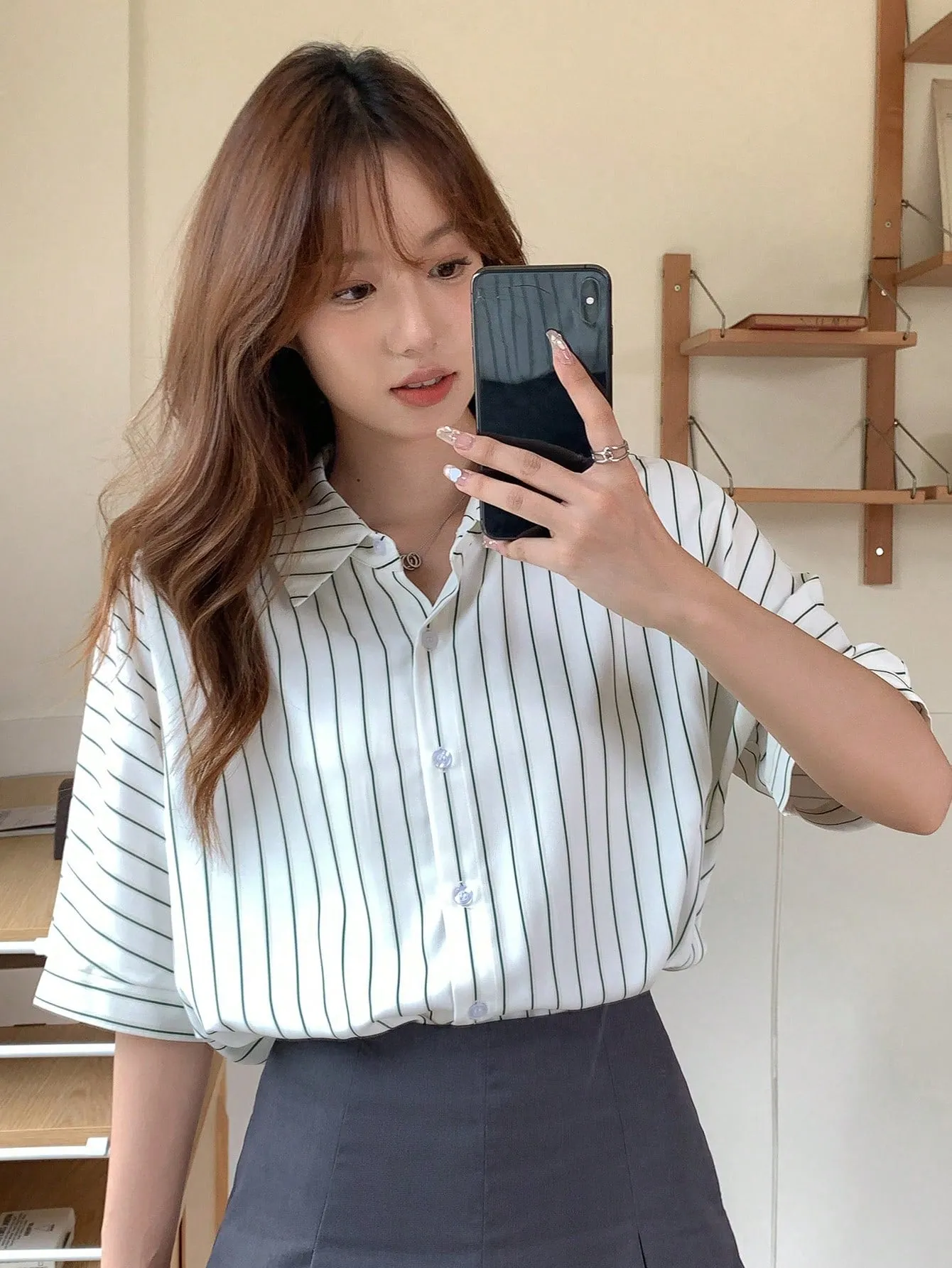 Shein DAZY Vertical Stripe Batwing Sleeve Shirt