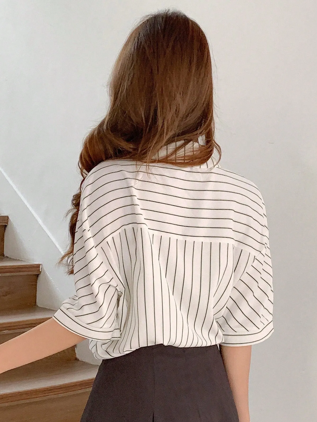 Shein DAZY Vertical Stripe Batwing Sleeve Shirt