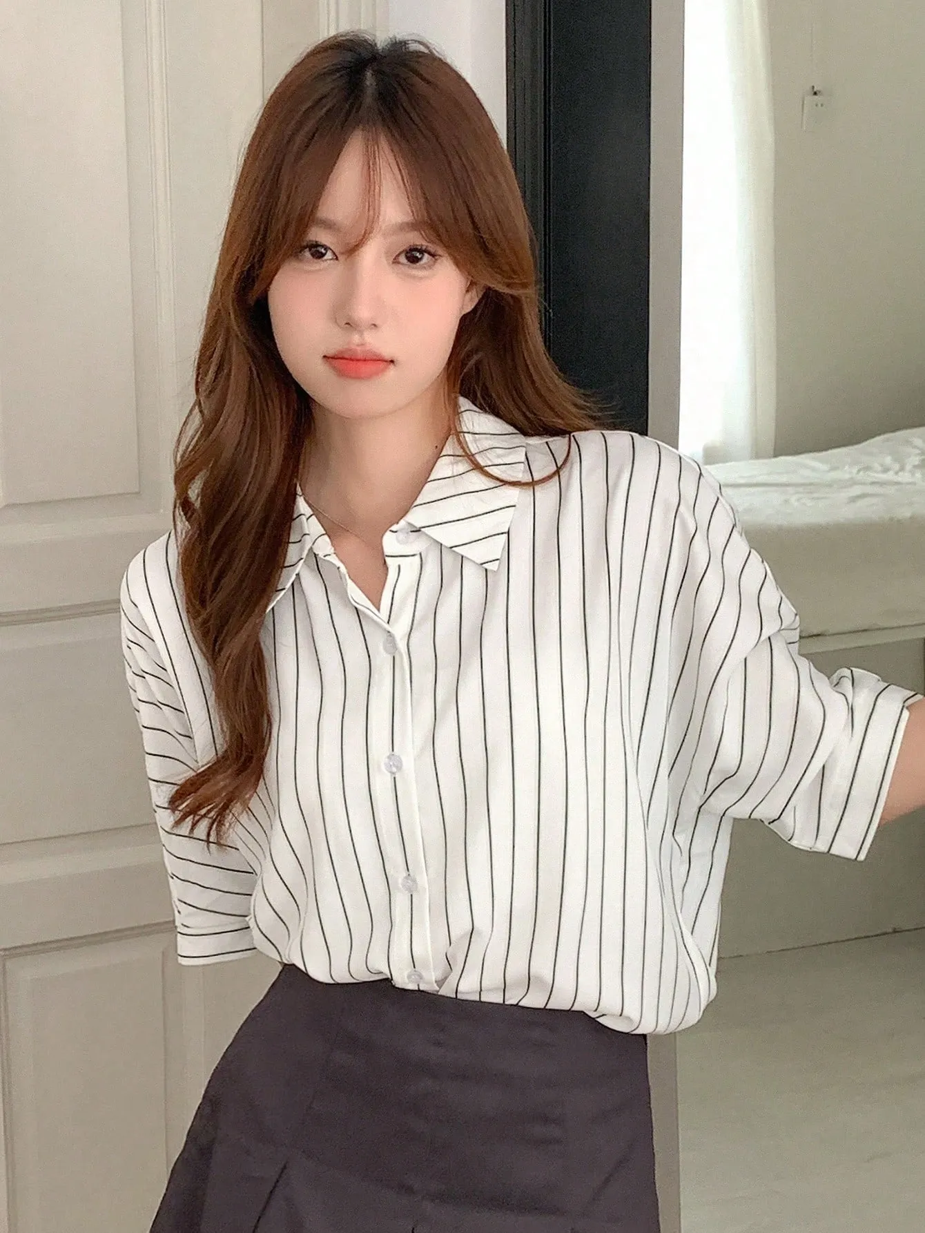 Shein DAZY Vertical Stripe Batwing Sleeve Shirt