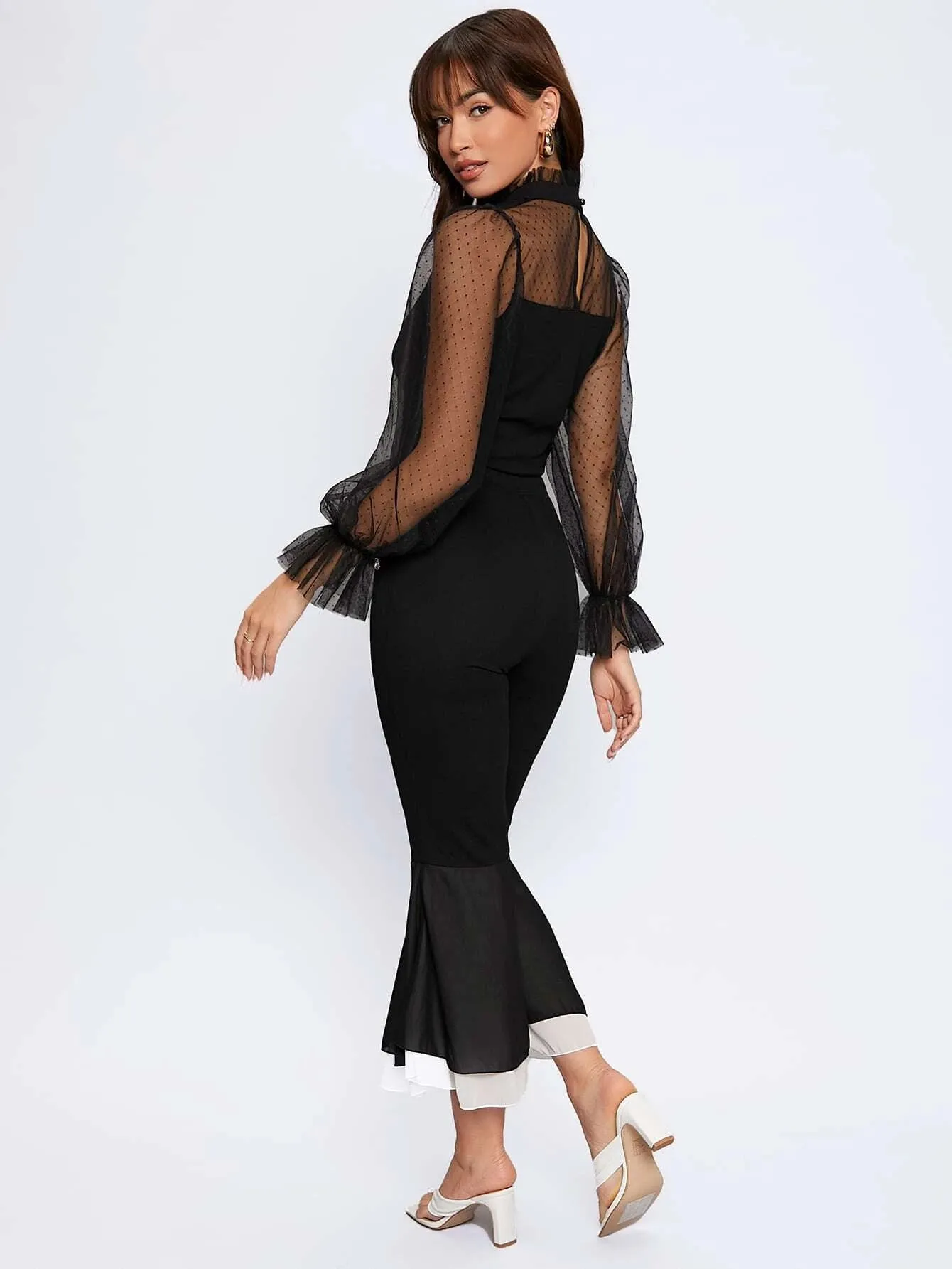 SHEIN Dobby Mesh Flounce Sleeve Blouse