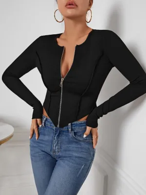SHEIN SXY Zip Up Seam Detail Hanky Hem Tee