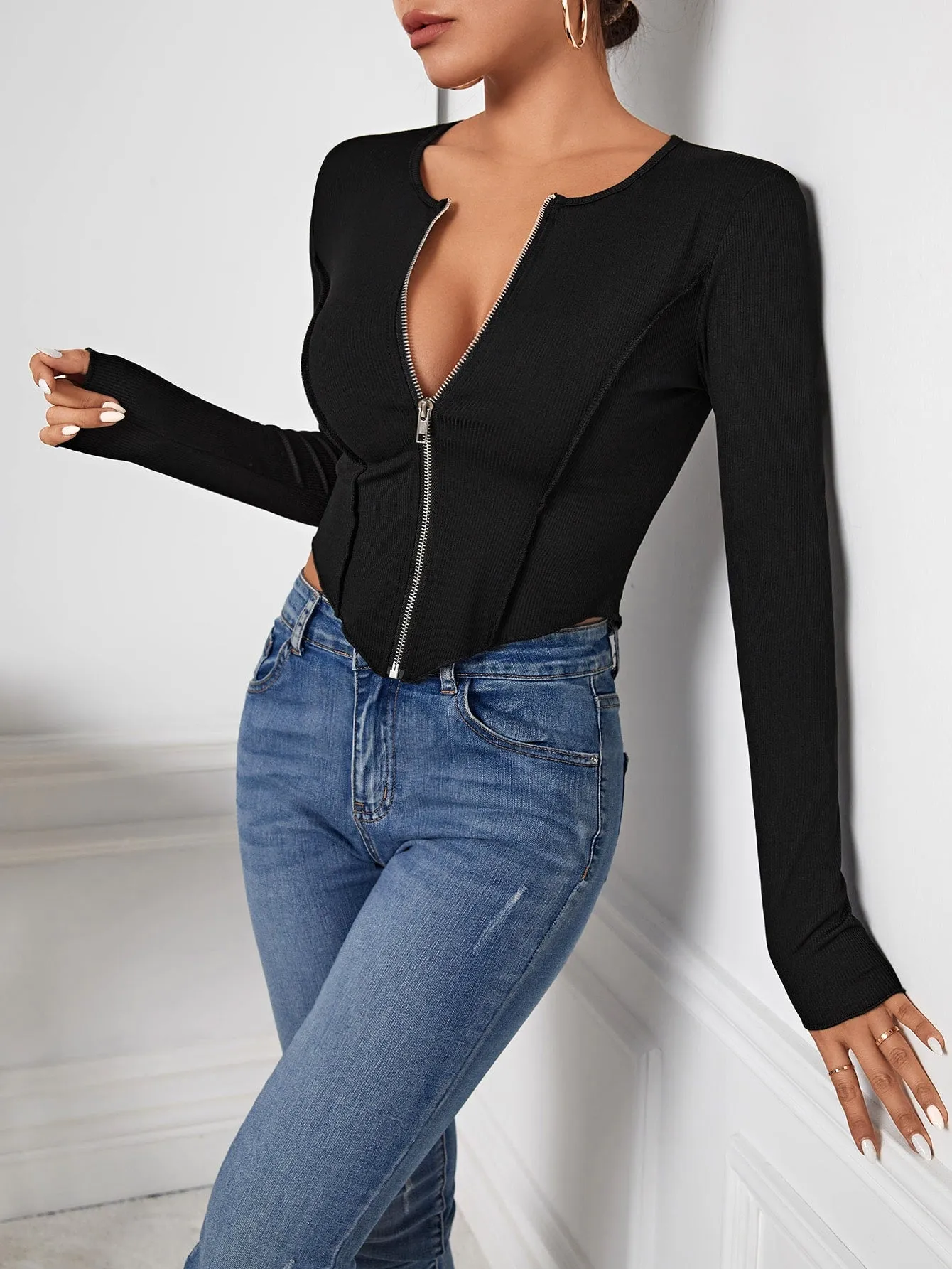 SHEIN SXY Zip Up Seam Detail Hanky Hem Tee