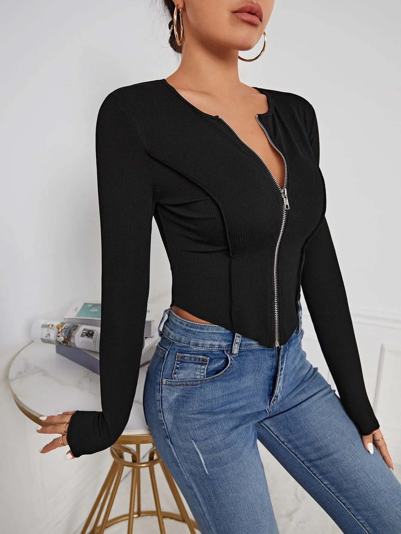 SHEIN SXY Zip Up Seam Detail Hanky Hem Tee