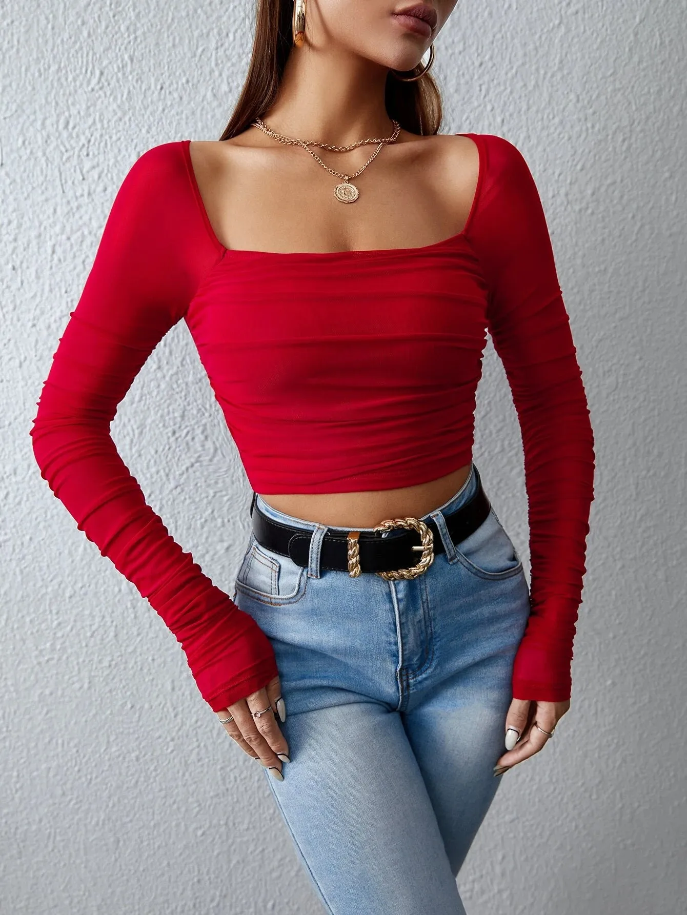 SHEIN Unity Square Neck Ruched Mesh Top