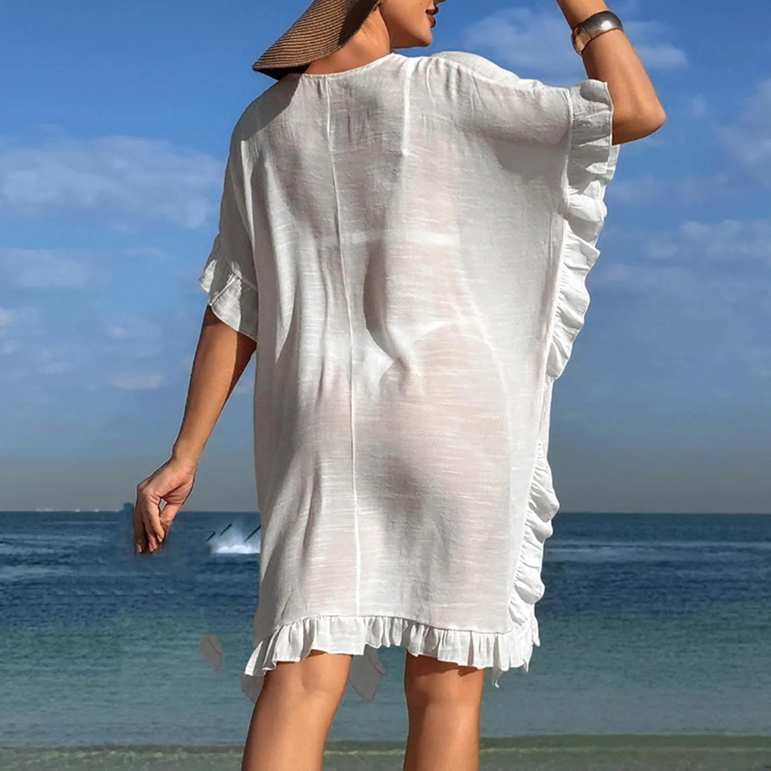 Sinzelimin Women Smocked Dresses Fashion Ruffles Short Sleeve Hollow V-Neck Summer Casual Mini Dress Beach Cover up Sundress