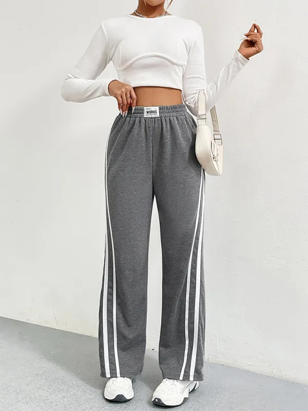 Sports Pants High Waist Loose Straight Casual Sweatpants Striped Stitching Wide Leg Pants