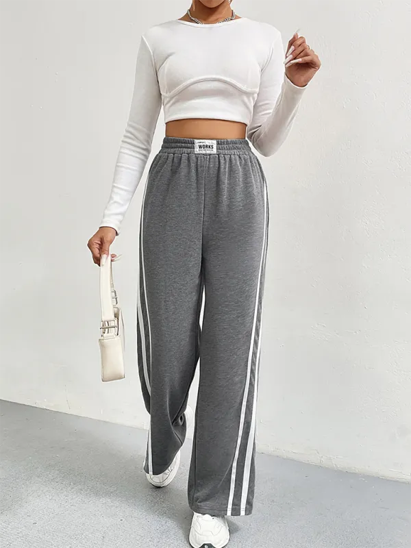 Sports Pants High Waist Loose Straight Casual Sweatpants Striped Stitching Wide Leg Pants