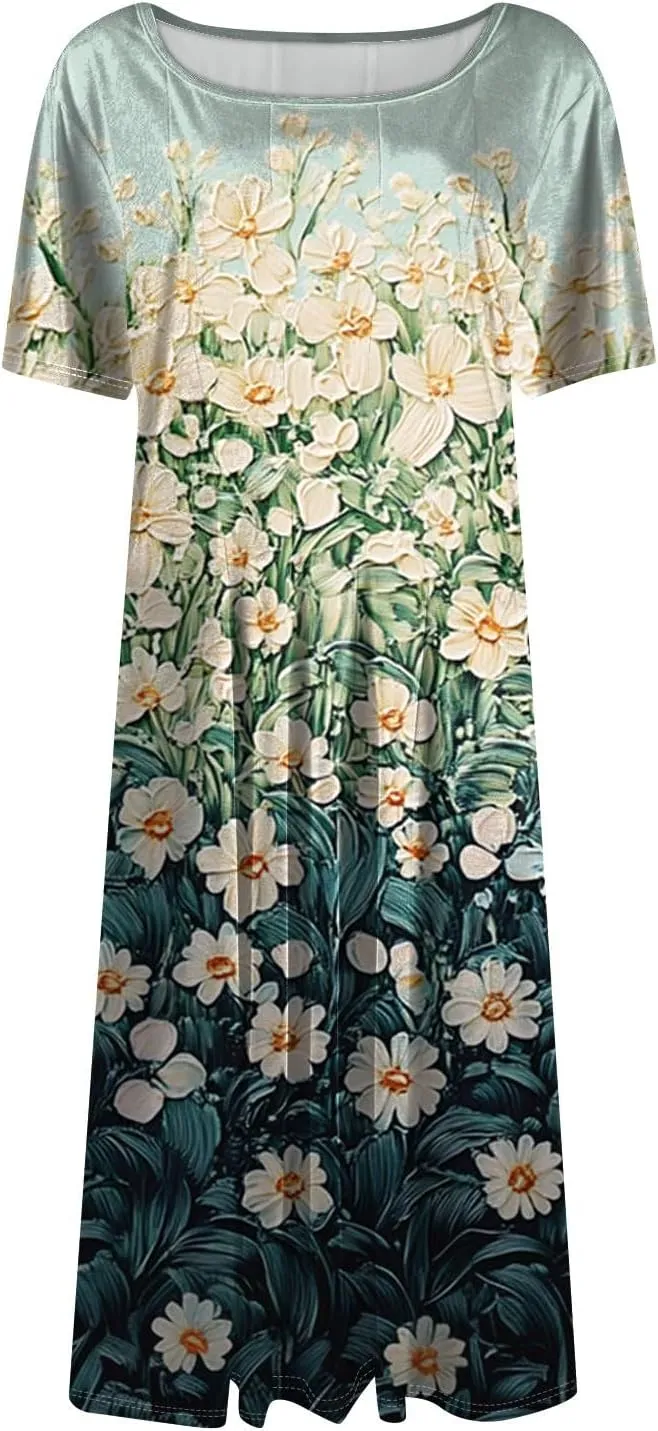 Summer Dresses for Women 2025 Beach Vacation Elegant Crewneck Short Sleeve Midi Sun Dress A Line Dress Side Pockets